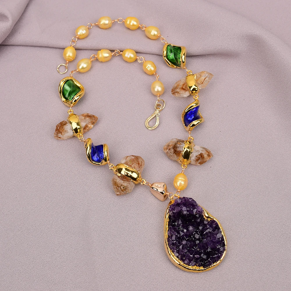 

GG 19'' Cultured Yellow Rice Pearl Blue Green Murano Glass Citrine Quartz Necklace Gold Edge Amethyst Rough Raw Crystal Pendant