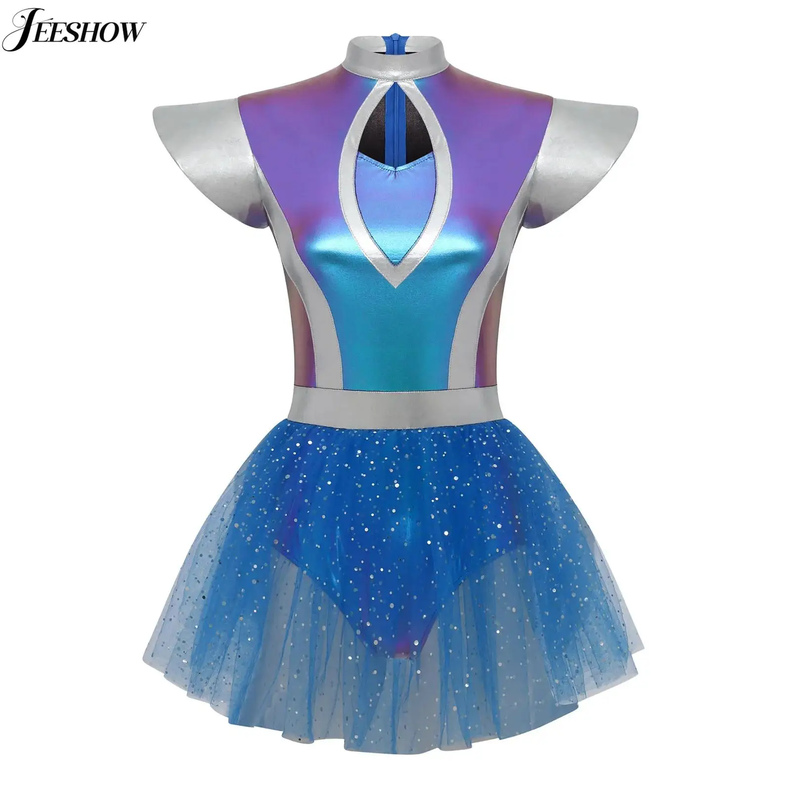 

Women Shiny Metallic Aline Costume Fly Sleeve Front Hollow Out Tulle Hem Dress Built-in Briefs Space Cadet Role Play Fancy Dress