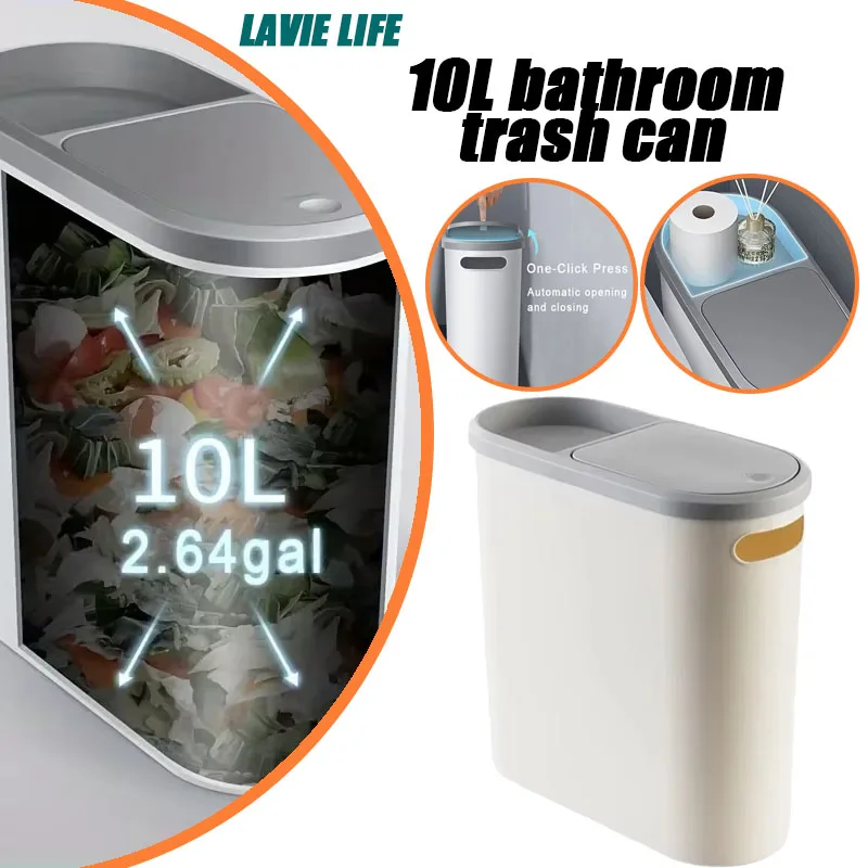 10L Trash Can Space Saving Design  Creative Household Kitchen Bathroom Gap Garbage Bin Press The Switch Trash Bin LAVIE LIFE