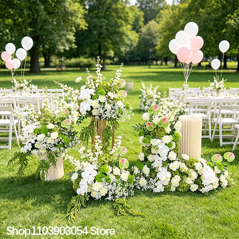 Neues 5D Hochzeits-Blumenarrangement mit grünen Pflanzen, Delphinium, Rosen, Bodenblumen, Hintergrund, Blumenreihe, Tischdekoration, Kugeldekoration für Events und Partys – Detail 3