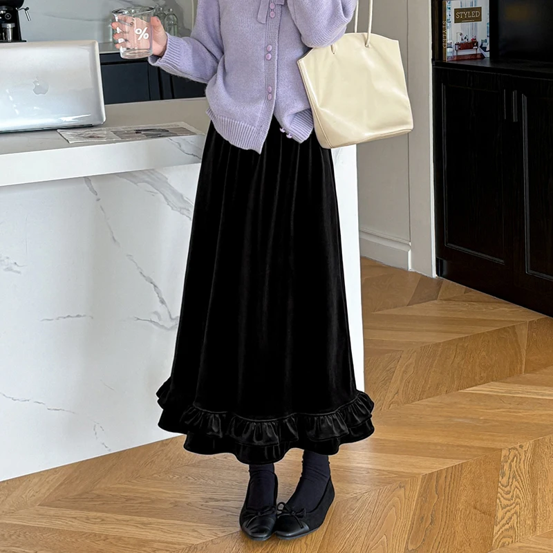 

Vintage Velvet Mid-length Skirt for Women 2025 Chic Thick Fleece High-waisted Skirt Elegant A-line Elastic Waist Long Skirt