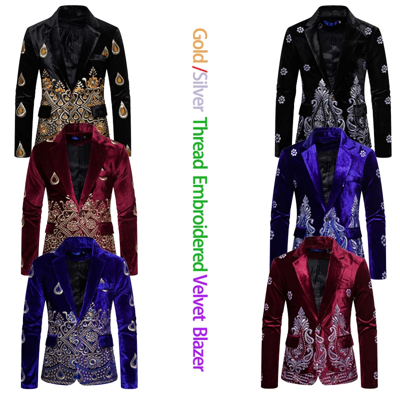 

Осень/зима 2025: бархатный пиджак с вышивкой золотой/серебряной нитью для мужчин, темно-синий повседневный мужской пиджак для вечеринки/свадьбы/выступлений