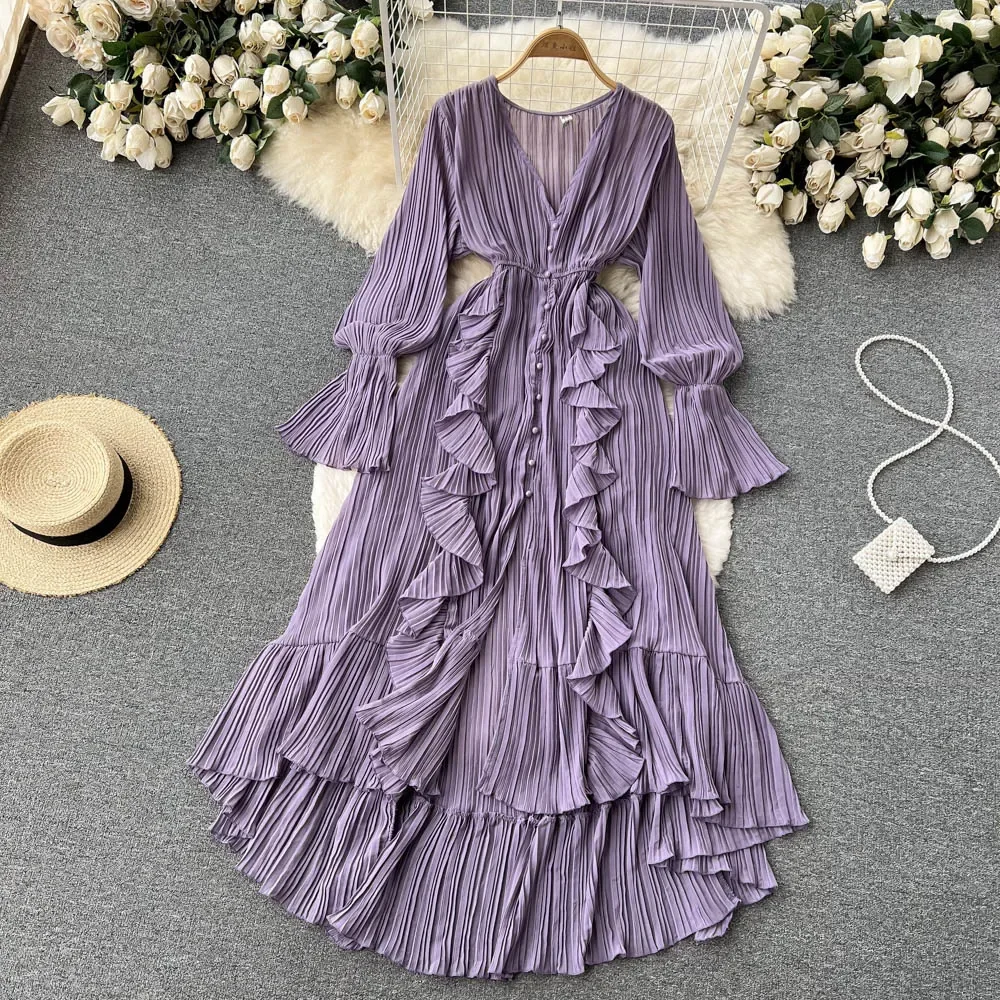 Schicke Rüschen elegante Langarm Plissee V-Ausschnitt Kleider Vintage koreanische Mode Strand Urlaub lässig Frauen Herbst Winter Kleidung