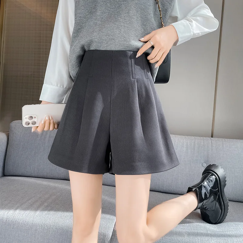 Autumn and Winter Women Shorts High Waist A-line Solid Color Thin Korean Style Office Lady Loose Casual Basics Shorts Female