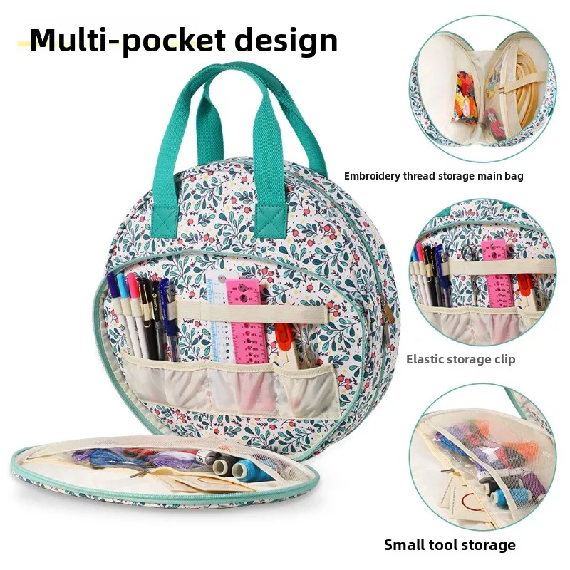 

New Embroidery Thread Maple Leaf Round Organizer Bag Blue Knit Tote Sewing Accessories Knit Embroidery Supplies Bag