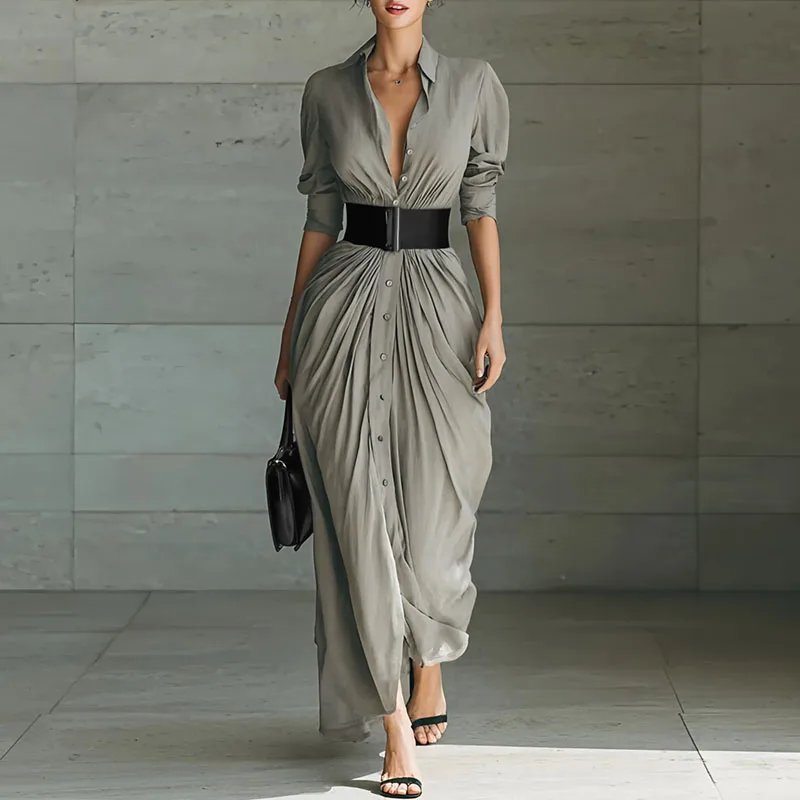 

Spring Single Breasted Shirts Maxi Dress Woman Lapel Elegant Belted Slim Pleated Dress Autumn Long Sleeve Solid Slit Party Dress