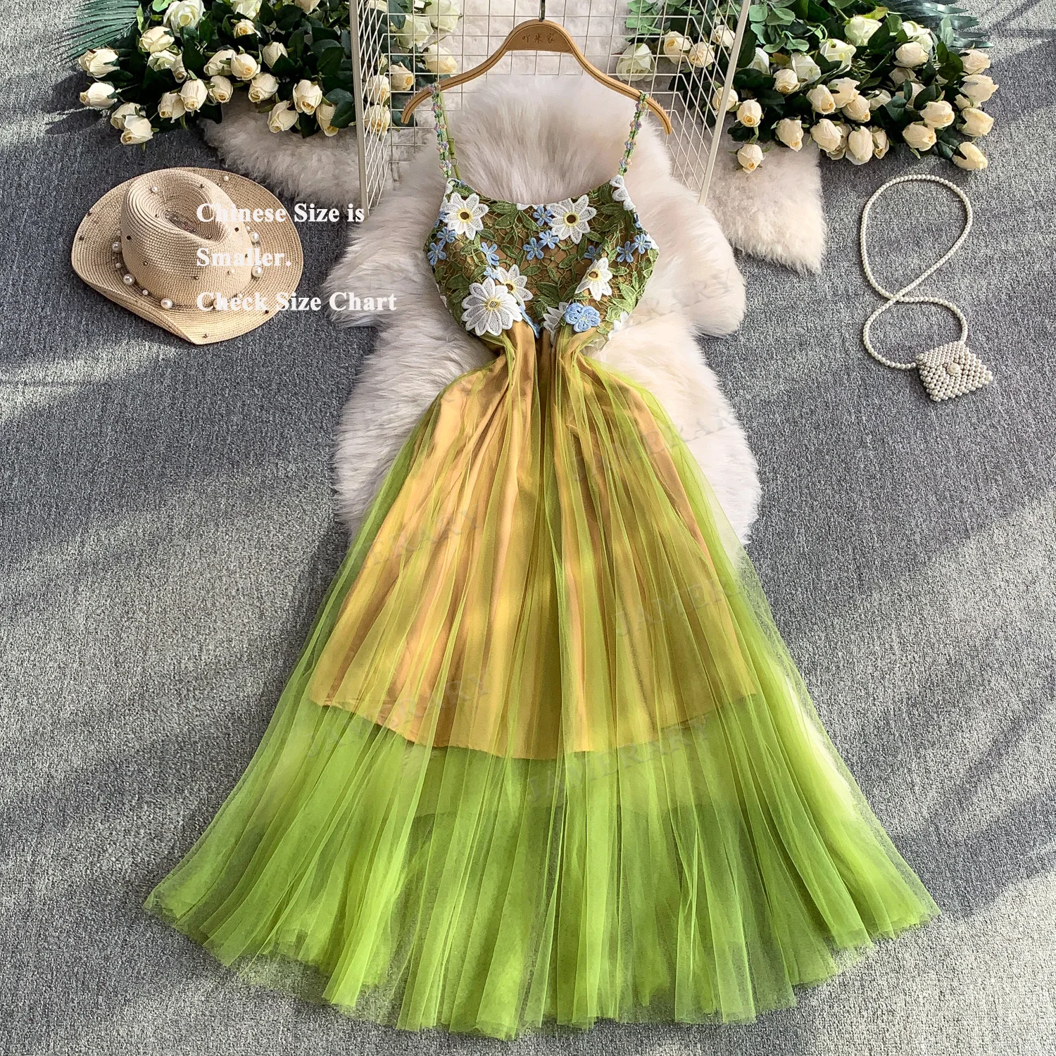 الجنية الأميرة الصيف تول فستان طويل المرأة التطريز فساتين السهرة الرسمية الأخضر ثلاثية الأبعاد زهرة الكروشيه الجوف خارج فساتين الحفلات