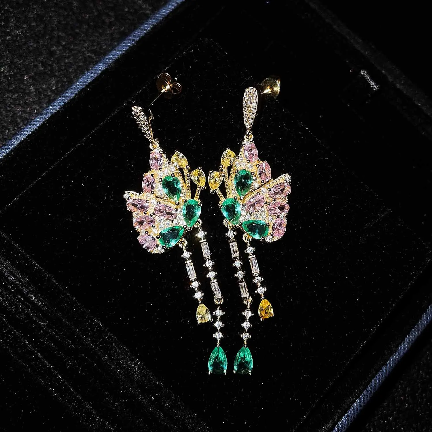 New color zirconium silver earrings, temperament style silver jewelry, long fringed butterfly earrings for women