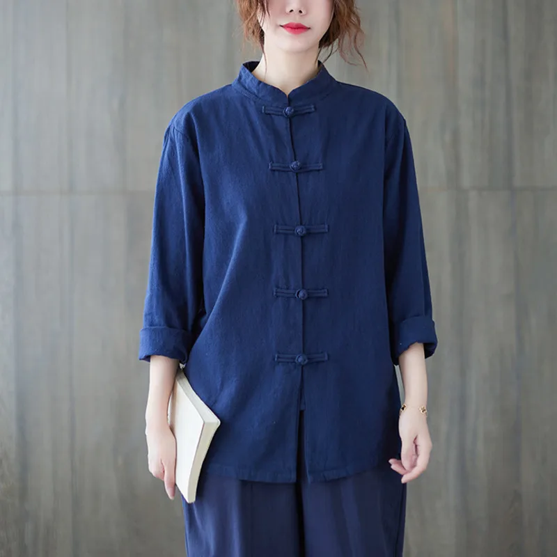 Chinese Style Cotton Linen Zen Tai Chi Suit Women Vintage Two Pieces China Traditional Shirt Pants Set Loose Casual Tang Suit