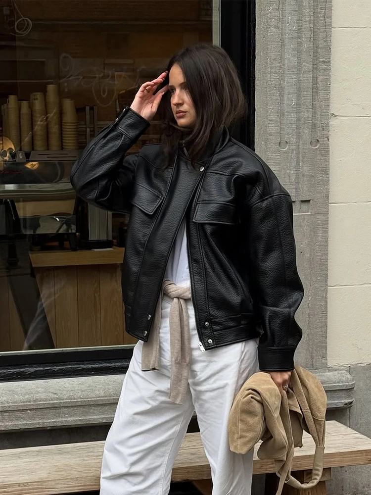 Chaqueta corta de cuero negra Retro para mujer, chaquetas holgadas de manga larga con cuello levantado y cremallera, prendas de vestir para ir al trabajo diario