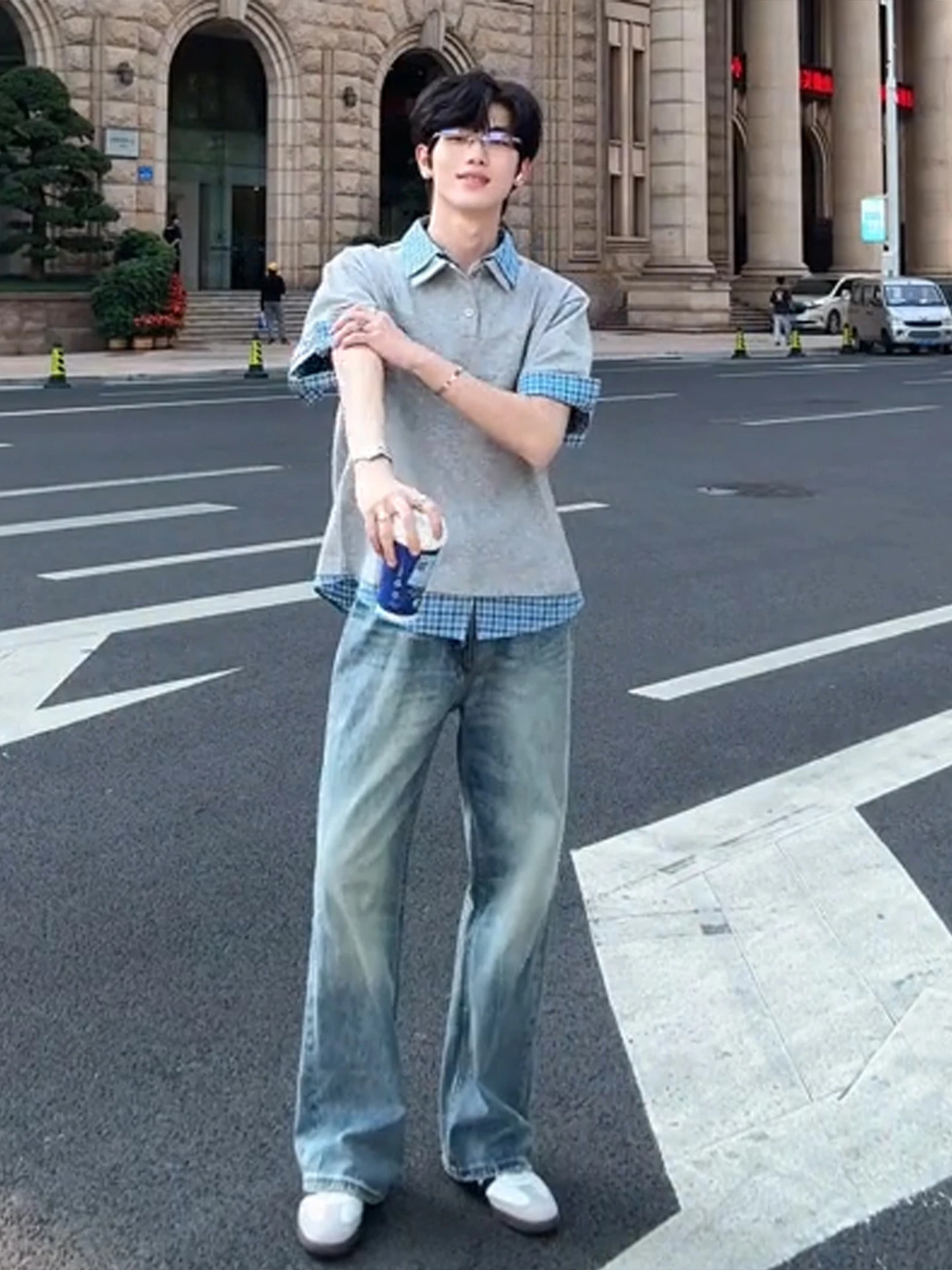 

Cool Handsome Boys Summer Fashion College Style Shirt Short Sleeve with Jeans Set Two-Piece Look Teenage Boy Outfit