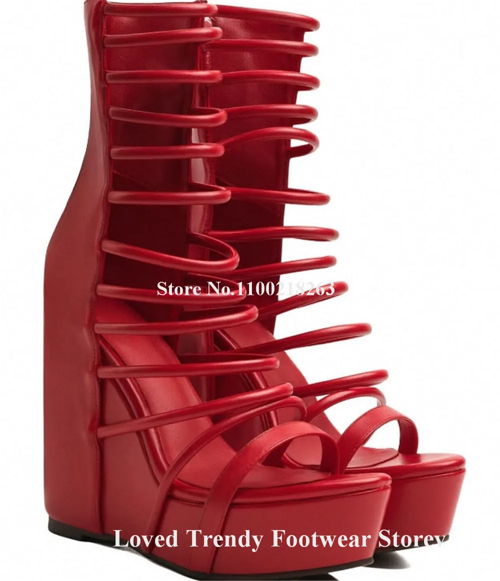 Emeline Dubois Narrow Straps Cross Wedge Heel Sandals Open Toe Red Black White Leather Back Zipper-up High Platform Wedges