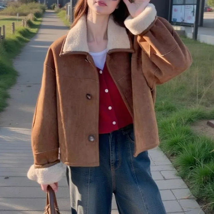 سترة نسائية من الجلد المدبوغ قابلة للارتداء على الوجهين، معطف شتوي سميك من فرو الحمل بأكمام طويلة وتصميم فضفاض مع إغلاق بالأز... #5