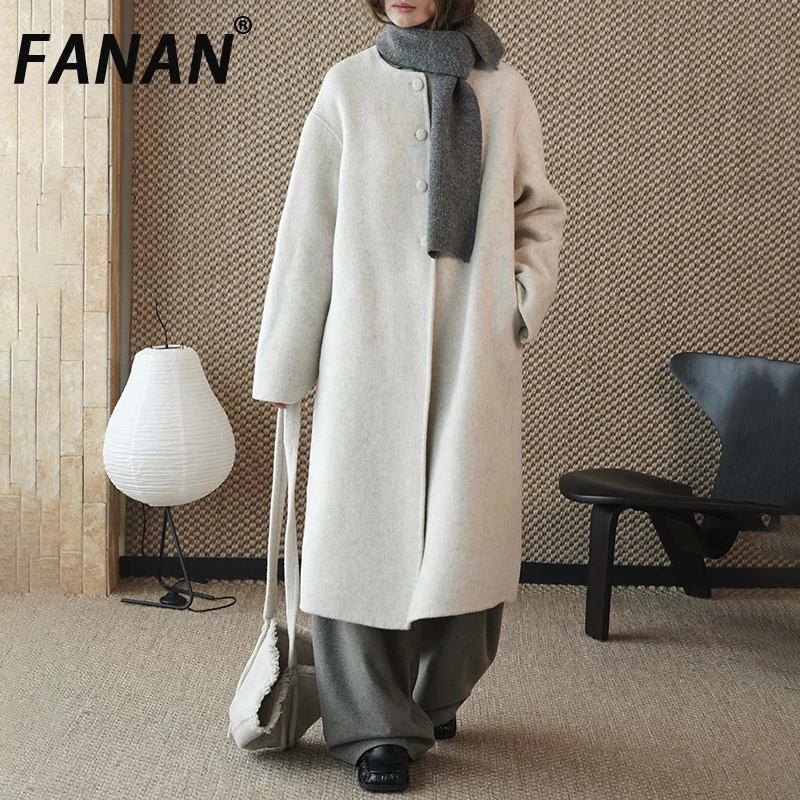 FANAN Korean Style Thick Warm Wool Coats Women's Round Neck Single Breasted Hat Design Minimalism Outwear 2025 Winter New