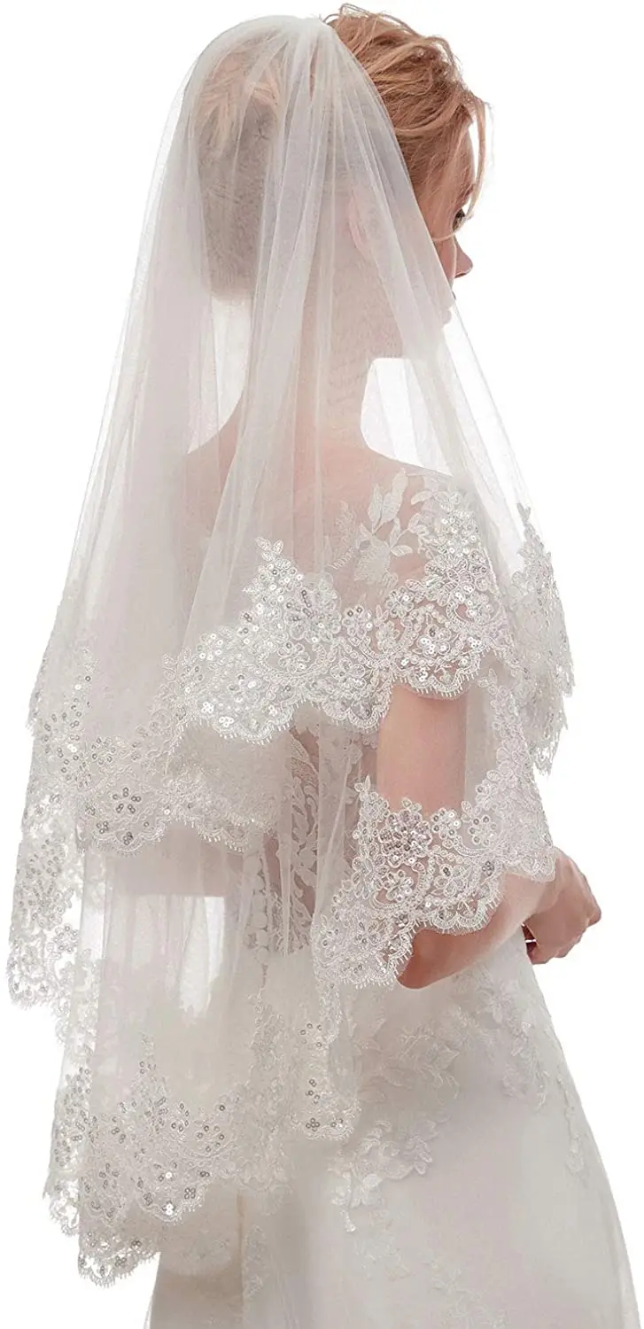 Women's Short 2 Tier Lace Wedding Bridal Veil With Comb bridal accessories  velo de novia