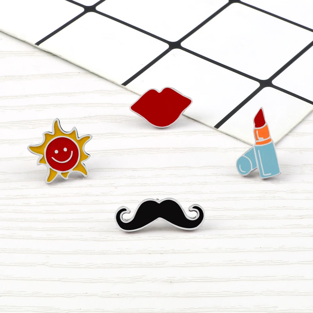 1pc cartoon Brooches Lapel Pin Badge Cute Lipstick Lips Pins Sun Beard icon Button Jackets Denim Jewelry Friends women Gift