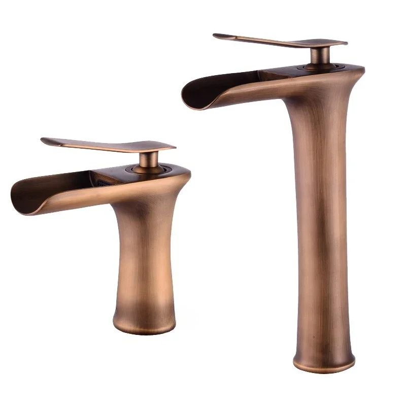 

European all-copper antique basin faucet, waterfall single-hole basin on and off the table basin, retro hot and cold faucet