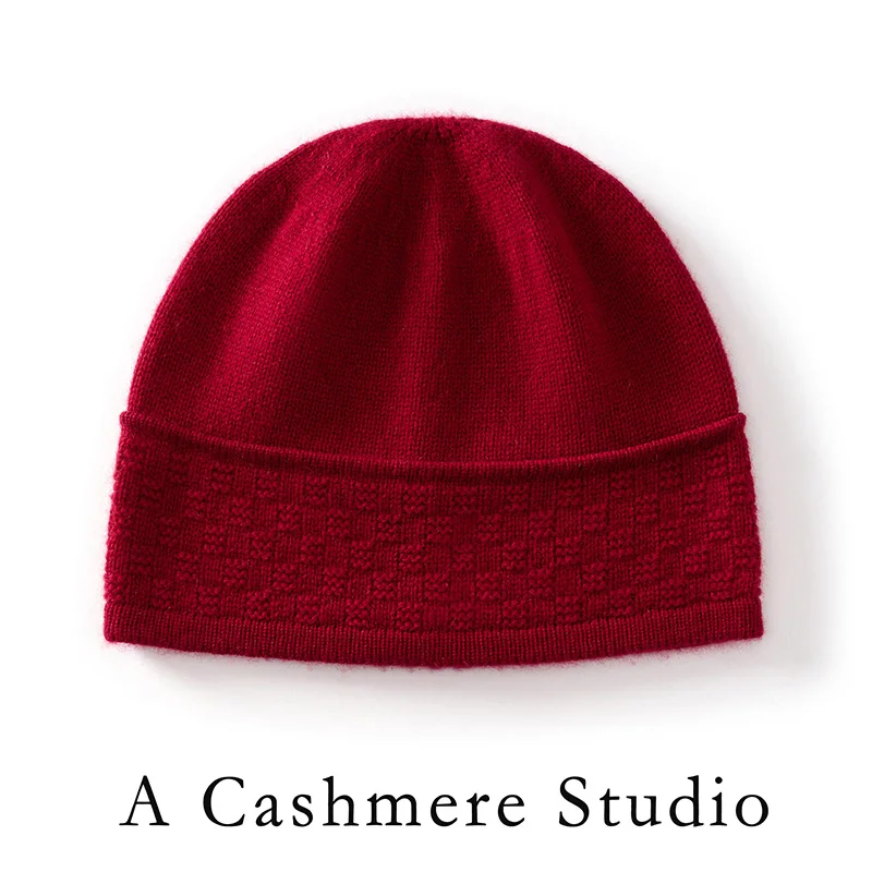 

High Quality 100% Cashmere Knitted Hats Winter Adult Women Warm Outdoor Casual Solid Jacquard Beanie Female Fashion Hedging Caps