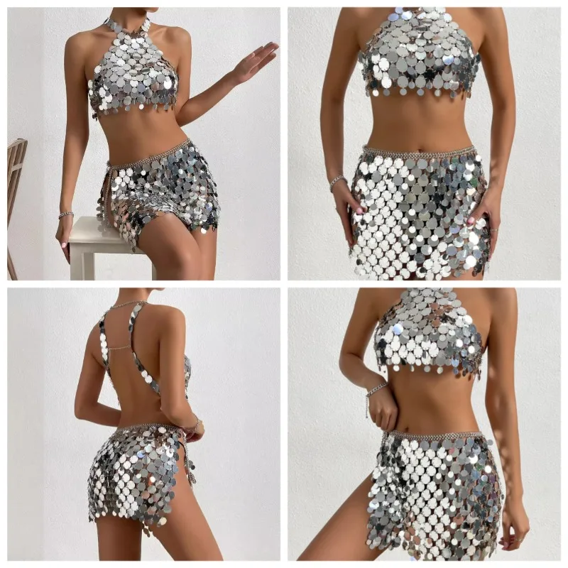 

Women's Skirt Punk Sequins Metal Chain Hollow Out Mini Skirts Bohemian Geometric Beaded Fashion Elegant Acrylic Woman Clothes