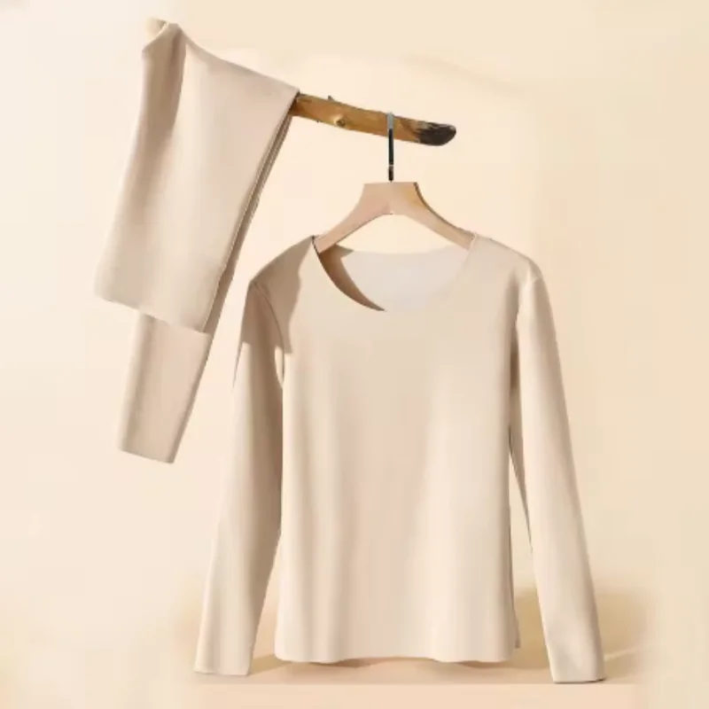 

Women Thermal Underwear Winter Long Sleeve Bottoming Top Seamless Thick Double Layer Warm Lingerie Woman 2 Pcs Set Sleepwear