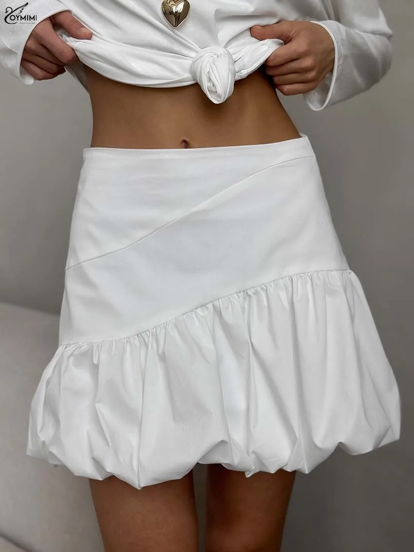 

Oymimi Fashion White Cotton Skirts For Women Elegant Mid Waisted Pleated Skirts Casual New Solid Zipper Mini Skirts Streetwear
