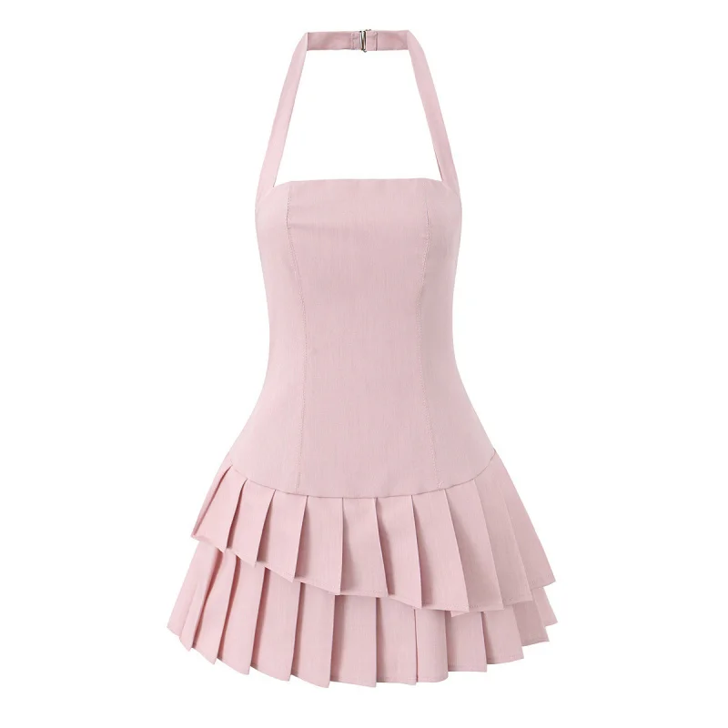 

2025New Summer Korean Style Desire Fashion Sweet Holder Neck Irregular Pleated Short Skirt
