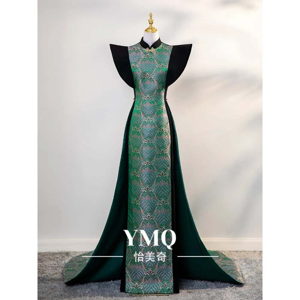 Nuevo Vestido Cheongsam Verde Chino 2025 Elegante para Pasarela con Cola para Equipo de Modelos