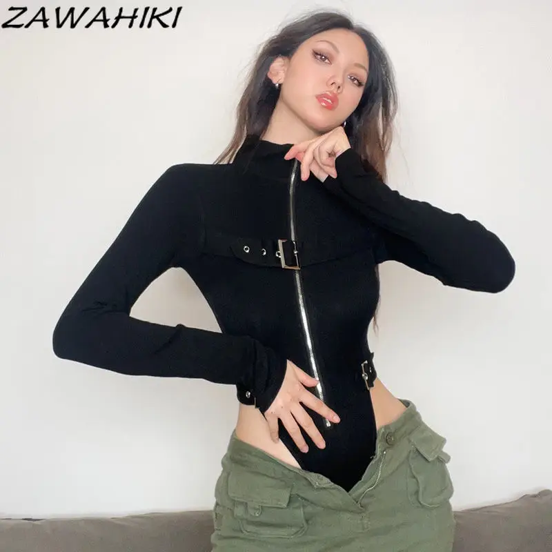 Y2K Aesthetic Clothes Zipper Designed Solid Color High Waist Slit Stand Collar Slim Long Sleeve Fashion Vintage All Match Tops