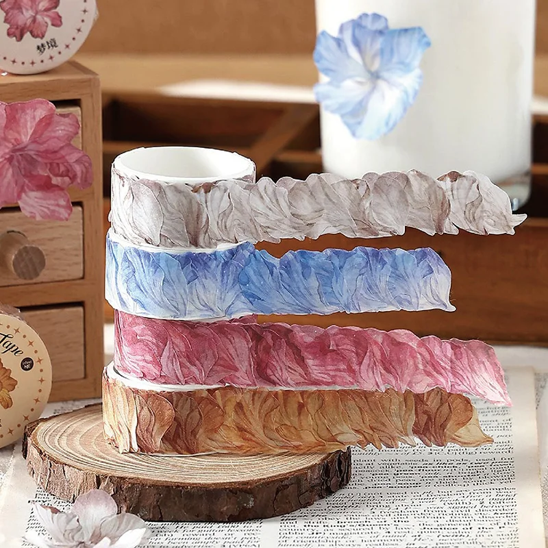 6 Rolls And Paper Stickers And Tapes, Romantic Floral Cherry Blossom Petal Pattern, Irregular Die-Cut Creative Hand Note Collage