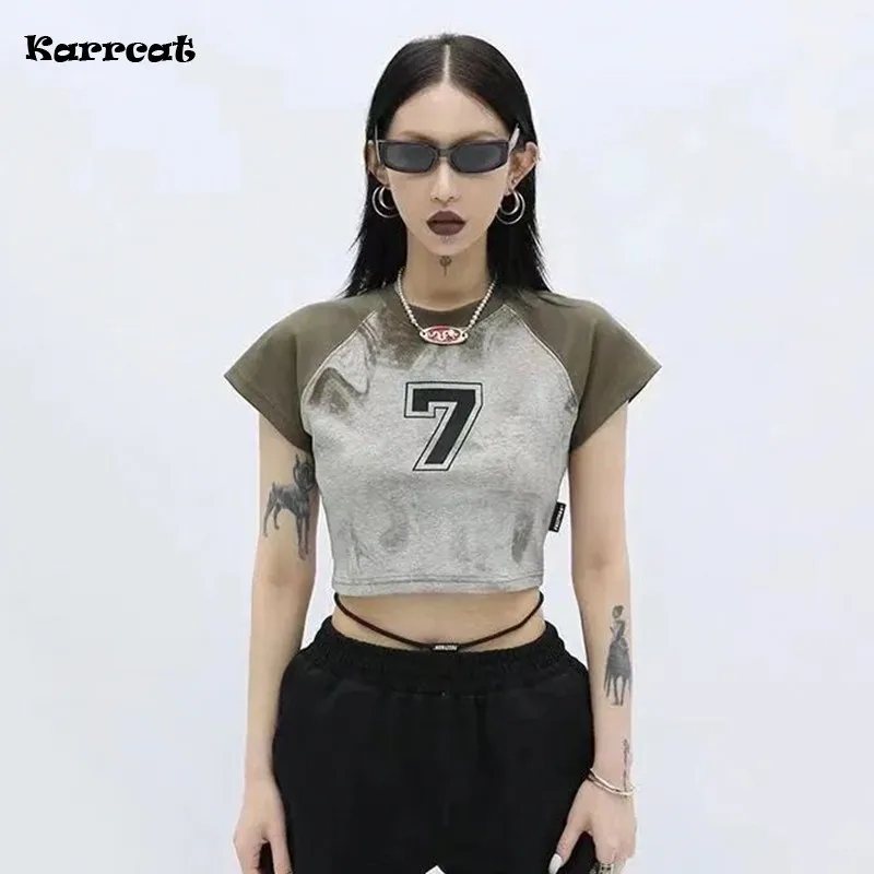 Karrcat Grunge Patchwork T-shirt Cyber Y2k Crop Top Chic Korean Fashion Slim Tee Shirts Japanese Harajuku Vintage Streetwear 90s