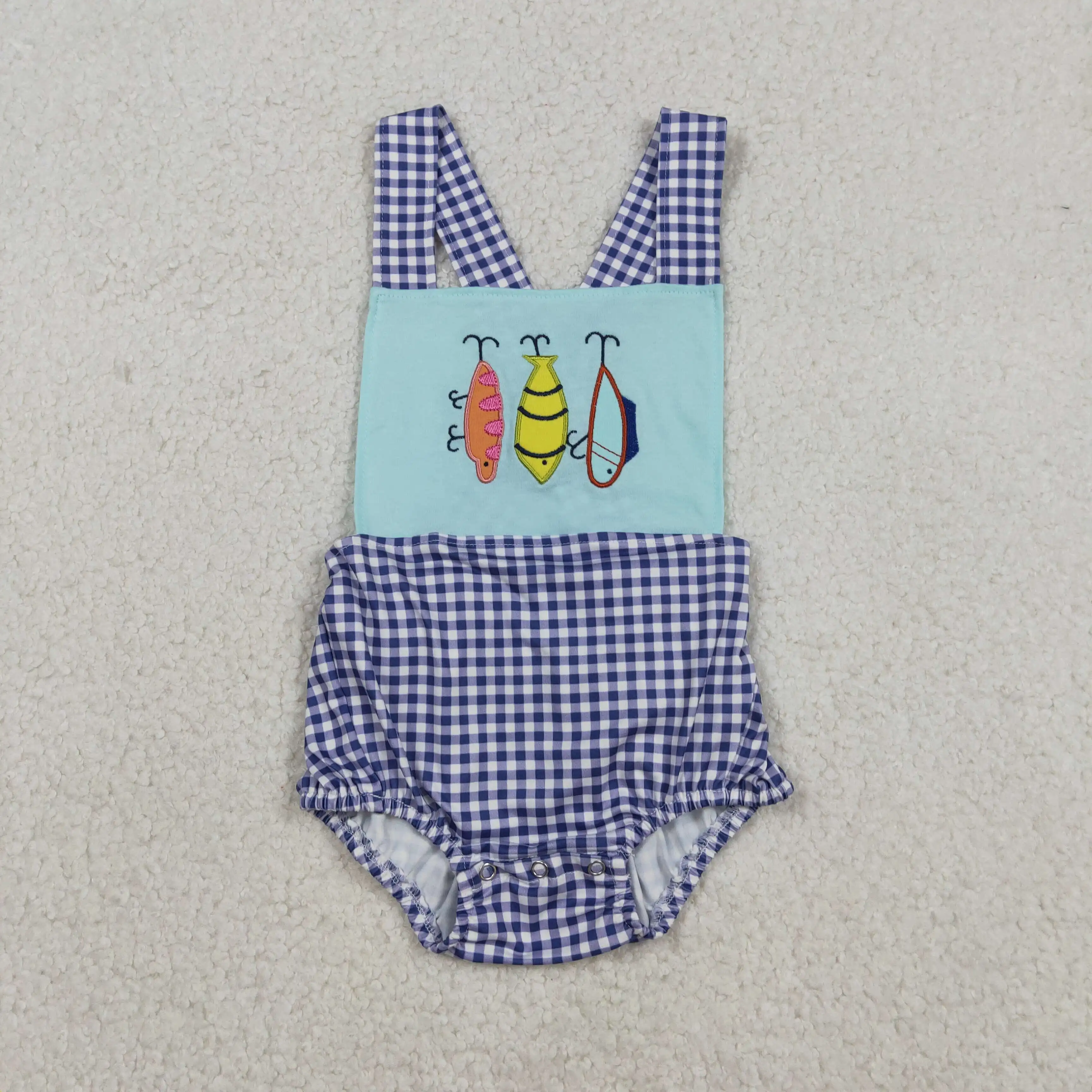 

X12.12 SR3413 New summer baby boy embroidered fishing bait blue plaid vest Romper