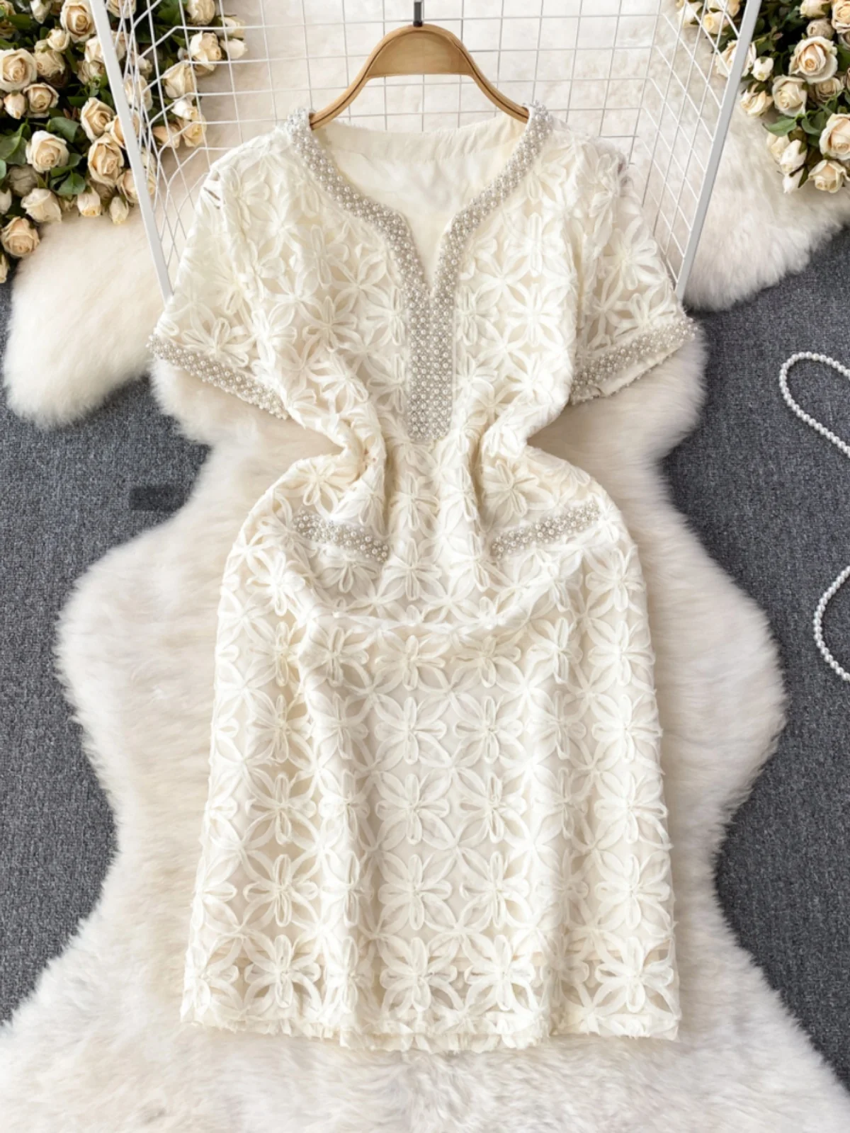 

Кружевная ор-юбка Ele Retro Dr High Waist V Ne ort Sve Embellied с бусинами и цветами для молодых женщин