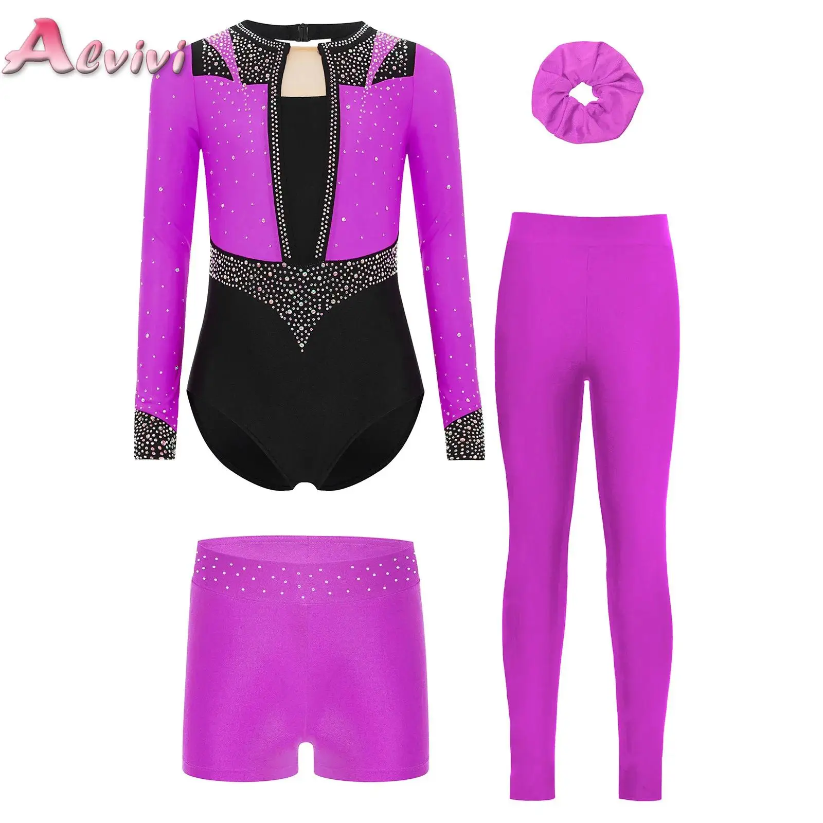 

4Pcs/Set Kids Girls Gymnastics Figure Skating Outfit Long Sleeve Sparkly Rhinestones Leotard with Shorts Leggings And Hairband