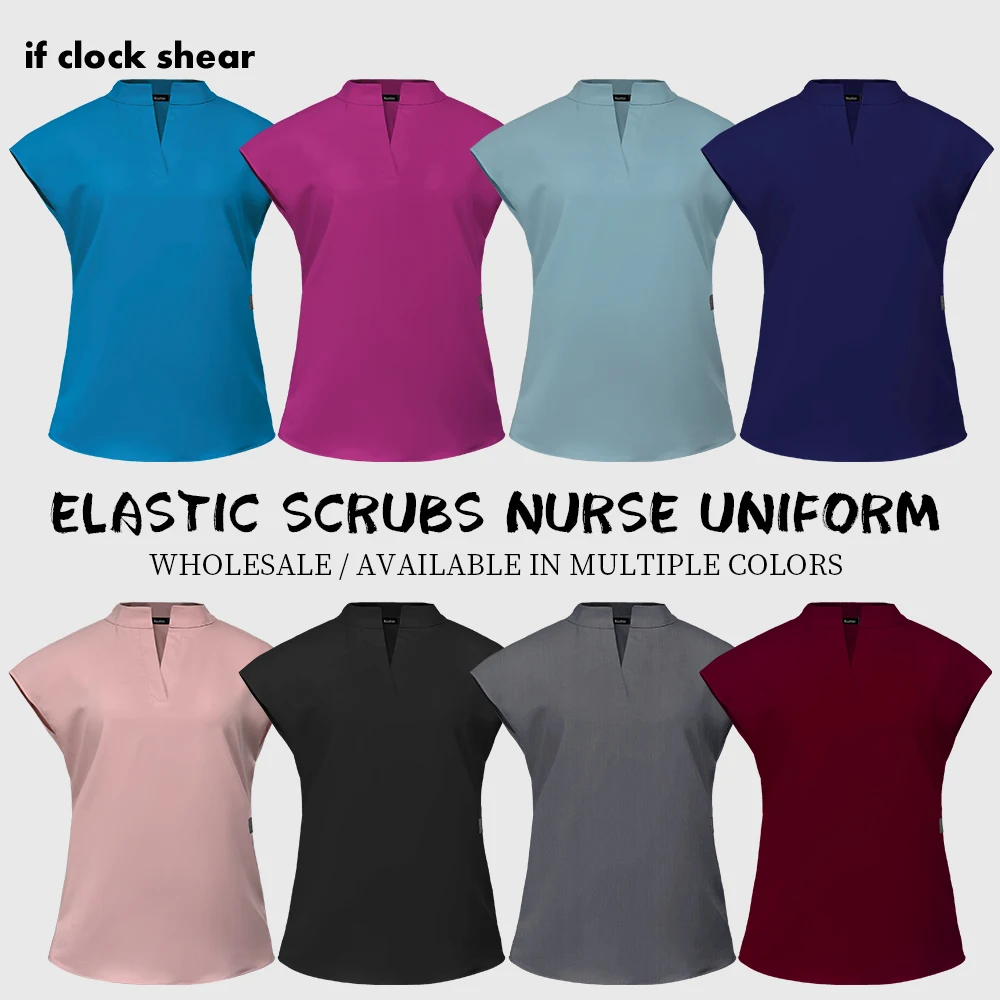 Unisex Elastic Médico Workwear, Enfermeira Uniforme, Médico Scrubs Tops, Manga curta, Gola, Spa Tops, Unisex Macacão, Respirável