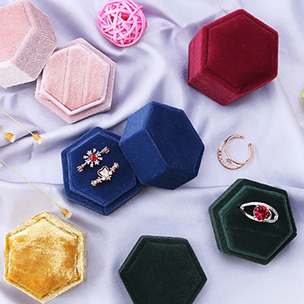 Velvet Jewelry Box Earrings Package Double Ring Storage Box Woman Gift Hexagon Shape Case Wedding Ring Display Box