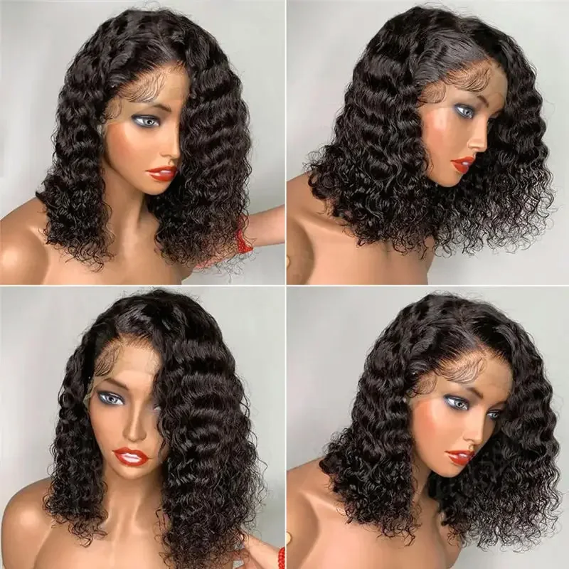 Perruque Bob Lace Front Wig Deep Wave Brésilienne Naturelle, Cheveux Vierges, 13x5x1, 10A, pour Femme Africaine