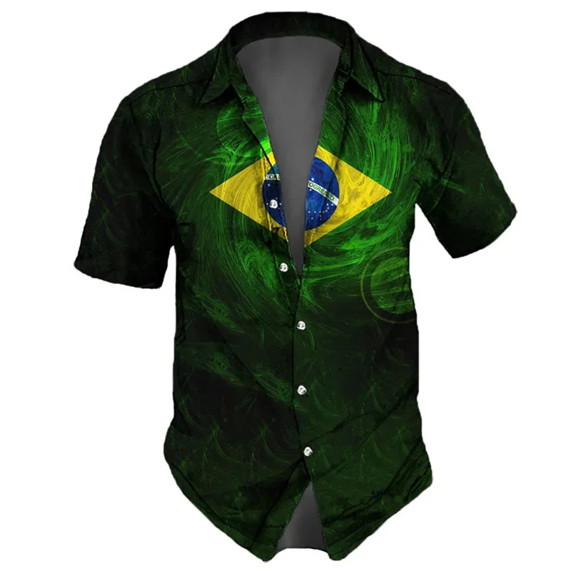 Brazil Flag 3D Printed Shirts For Men Clothes Casual Brazilian National Emblem Graphic Short Sleeve Hawaii Sports Lapel Blouse