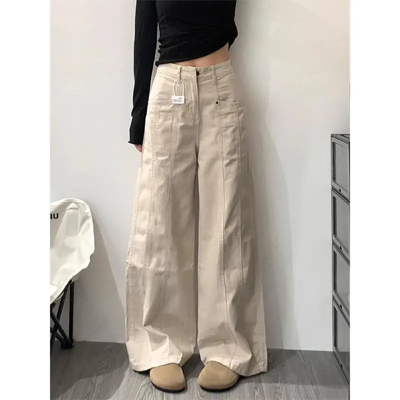 

Small American Retro Wide-leg Denim Work Pants Women Loose Slim Draped Straight Trousers