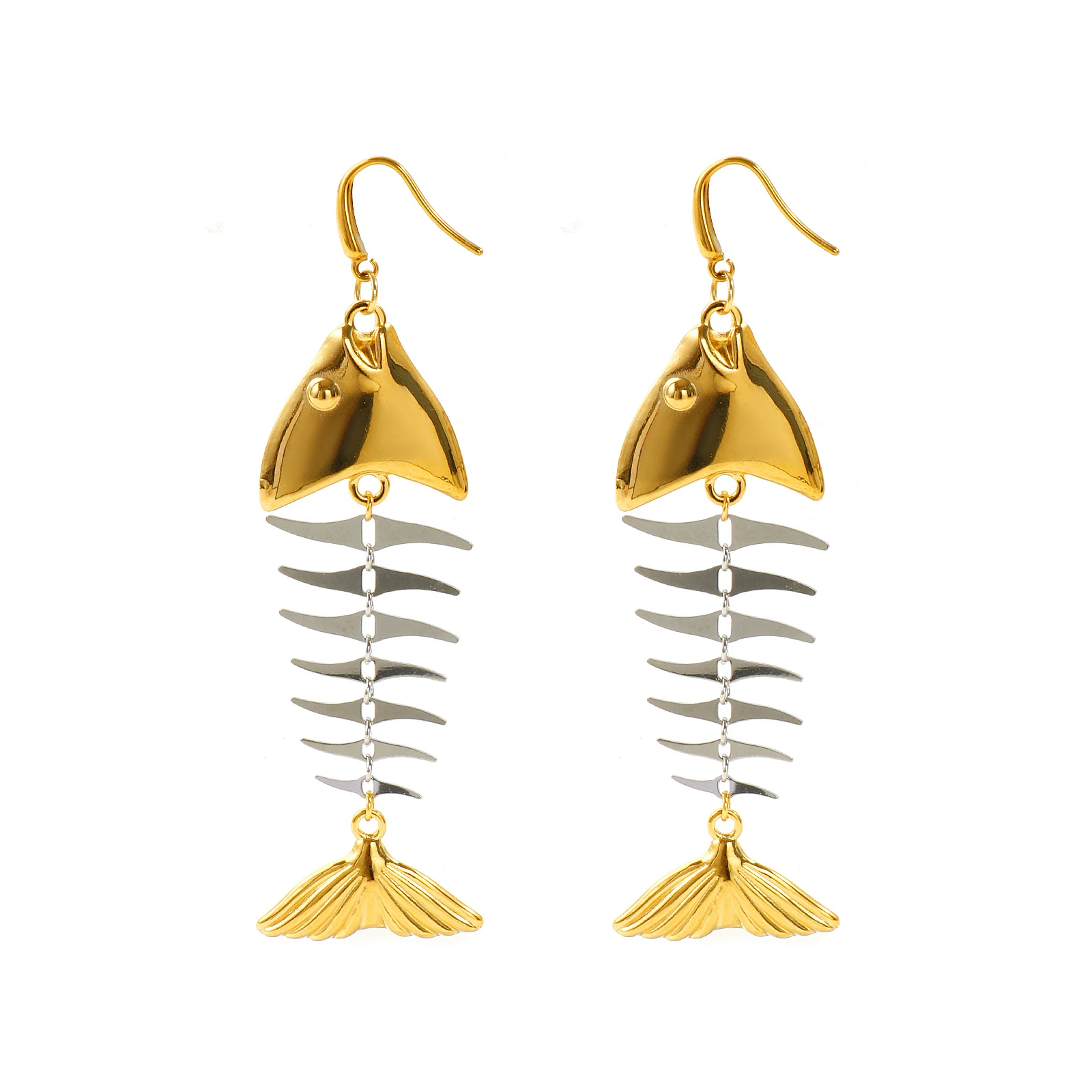 1Pair Exquisite Stainless Steel Drop Earrings Fish Bone Two Tone Dangle Earrings For Women Party Club Jewelry Gift 8.8cm x 2.3cm