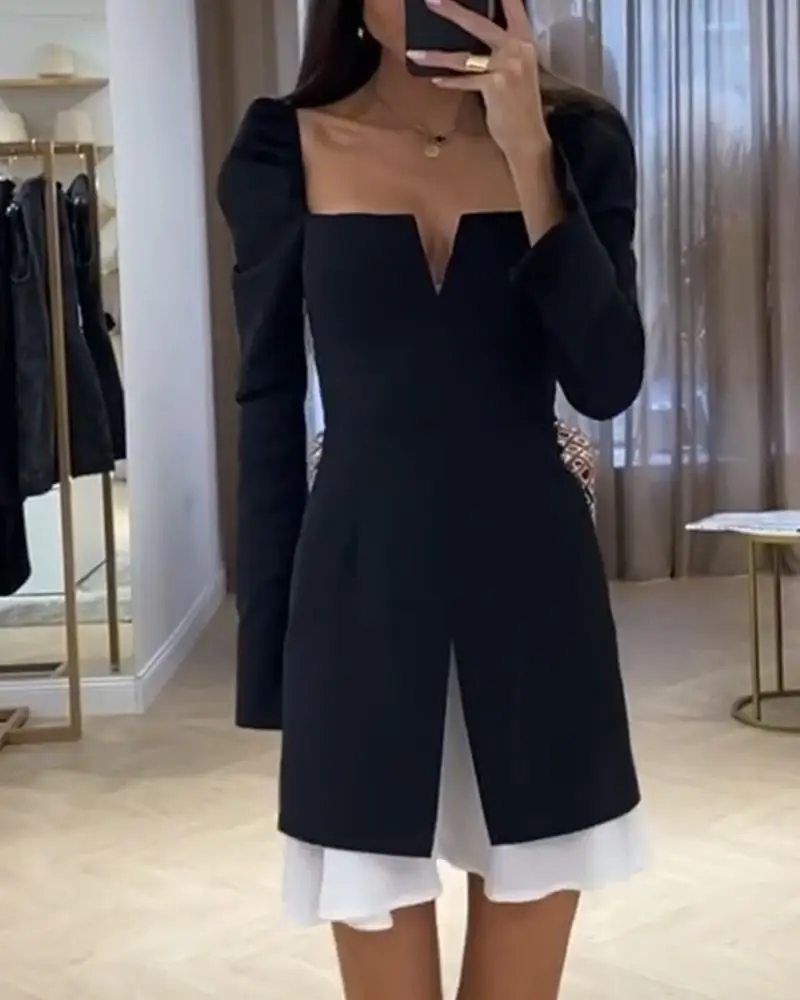 Slim Fit Long Sve Bla Dr Women's Faionable Workwear Gored Skirt High Waist A-Line Summer Dr Square Collar