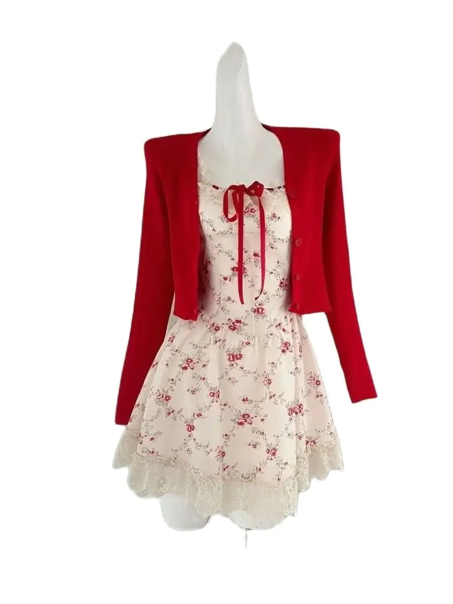 Jurk Bloemen Rood Kort Vest Elegant Kant 2024 Nieuwe Zoete Set Vrouw Casual Y 2K Mini Jurk Strand Koreaanse Mode Kledingpak