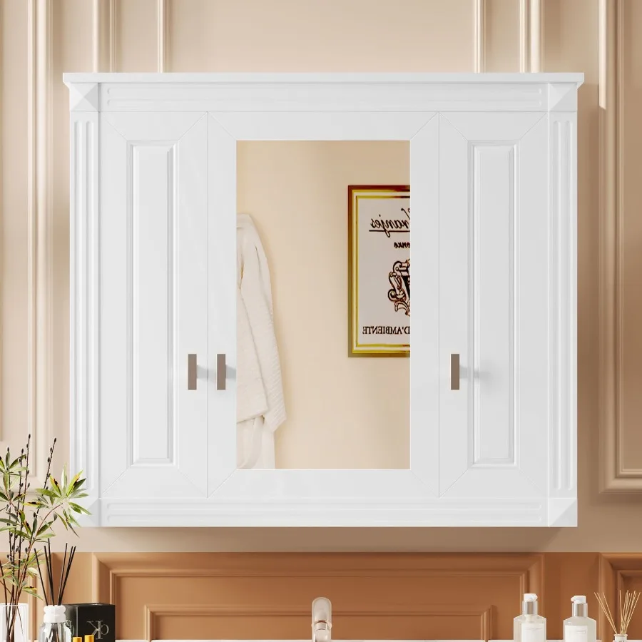 

Bathroom Wall Cabinet with Mirror Wall Mounted Medicine Cabinet with 4 Shelves Mirrored Door Over Toilet Storage Cabinet White