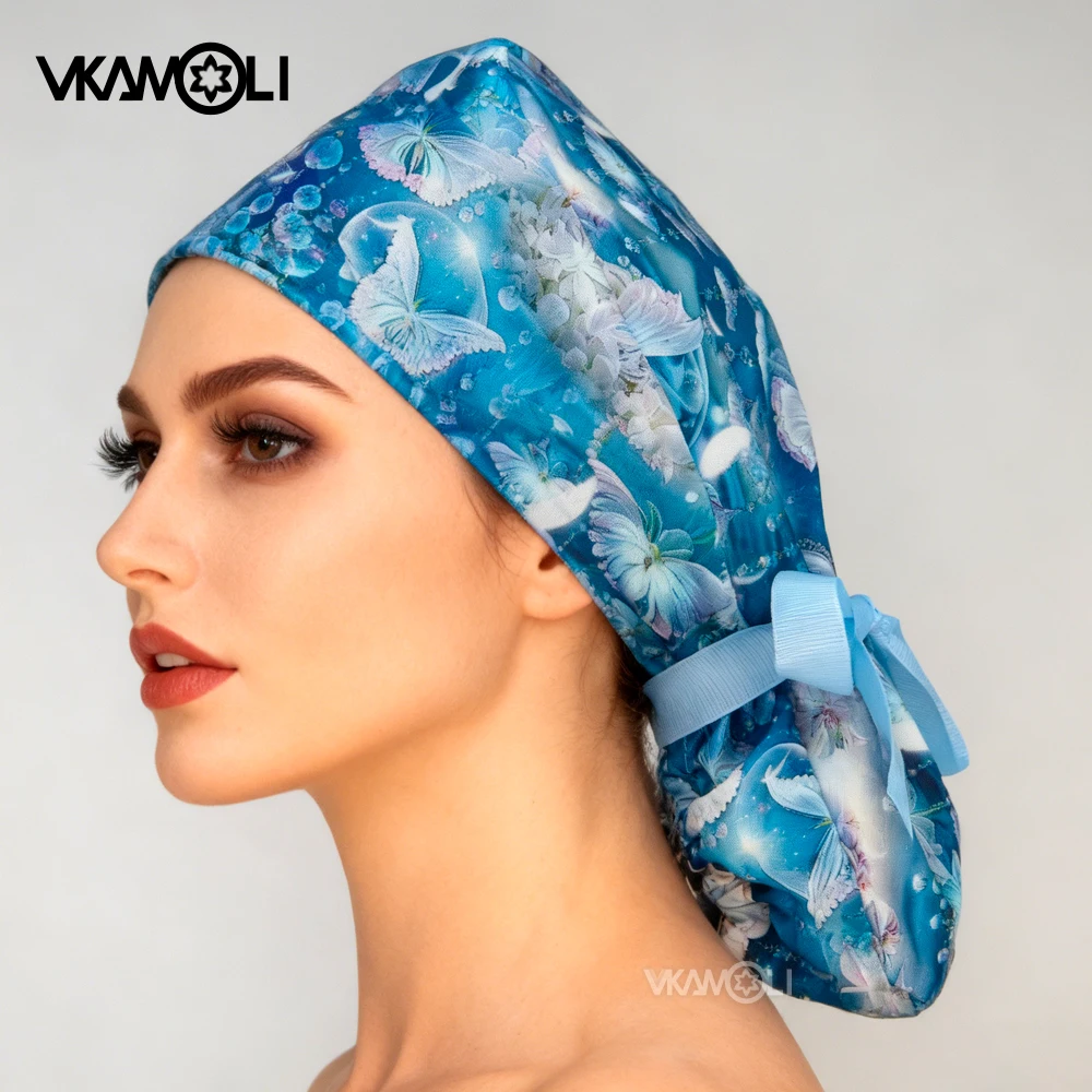 2025 new Butterfly print women's long hair head cap High quality satin lining Scrub hat doctor nurse ponytail hat