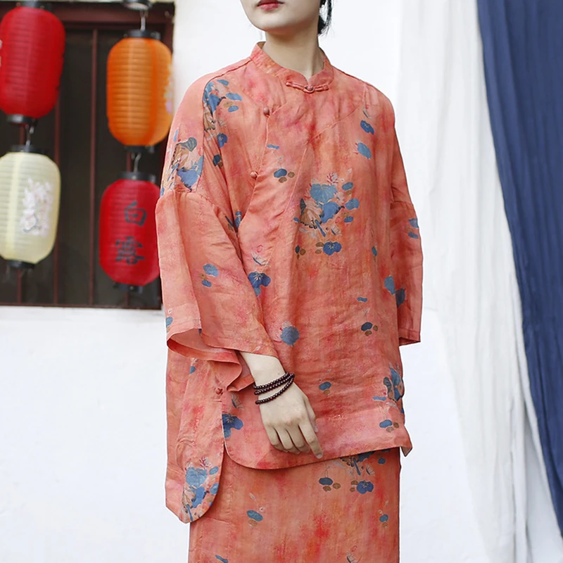 

Женская повседневная рубашка рами в китайском стиле, Новое поступление, весна 2025 года, винтажные свободные женские топы с воротником-стойкой и цветочным принтом M1632