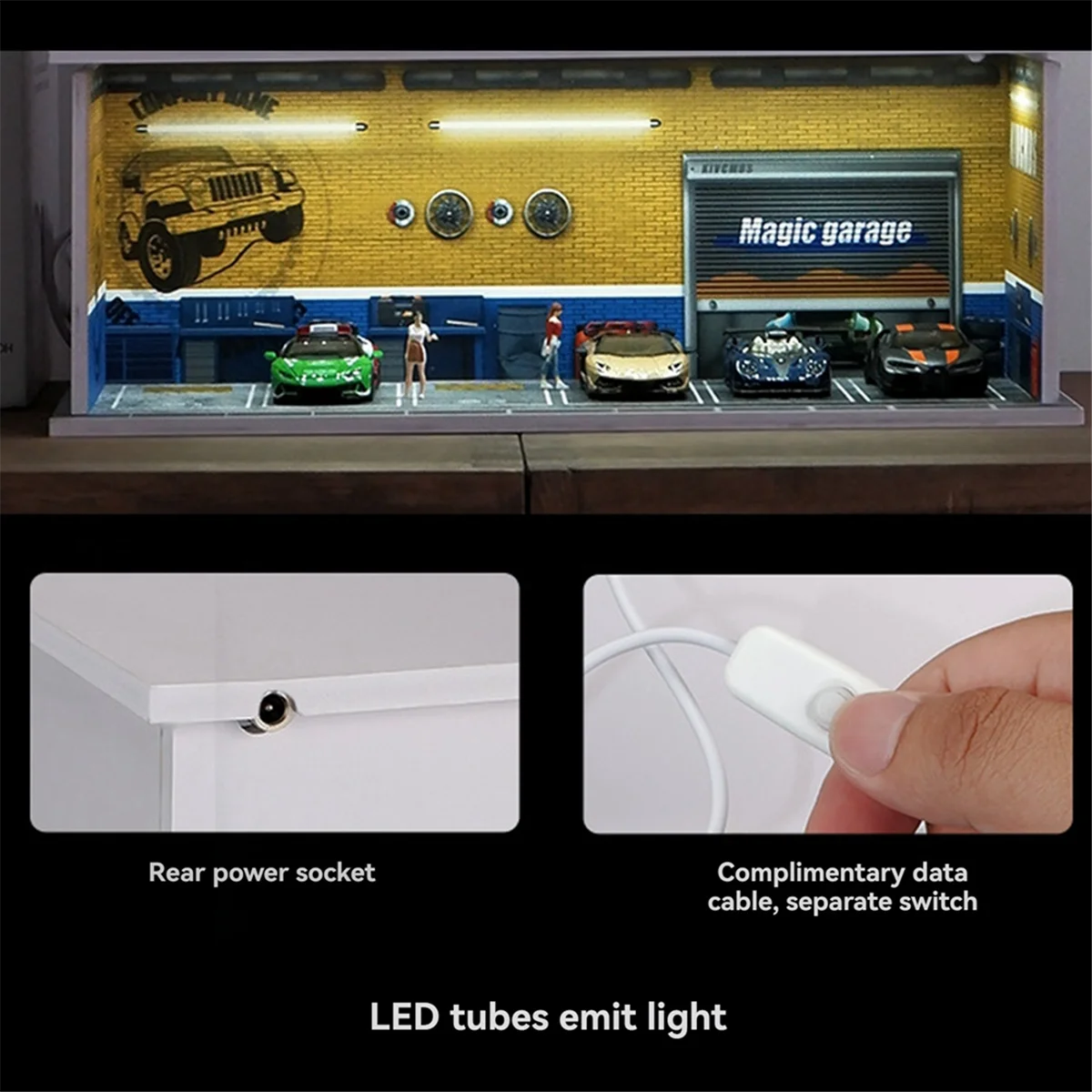 1/64 Diorama Car Garage Model LED Lighting City Car Showroom Scene for Miniatures Vehicles Display Model Assembled Park