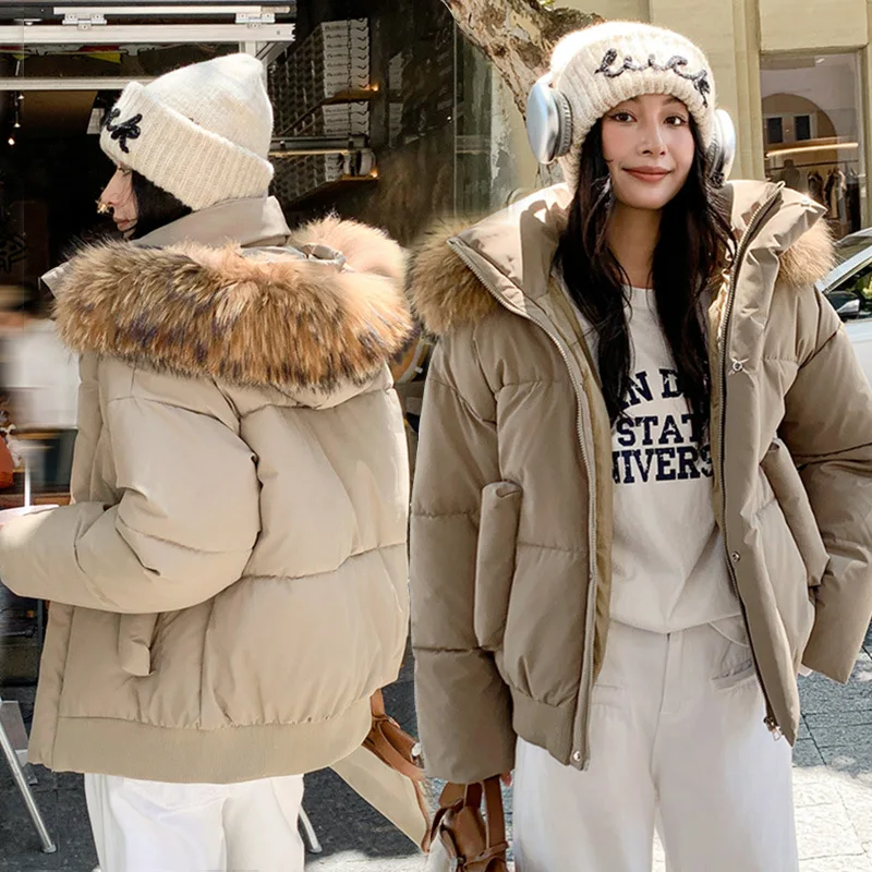 

Winter Women Short Parker Down Jacket Large Real Raccoon Fur Hooded Loose Puffer Coat Thick Warm Windproof Outwear