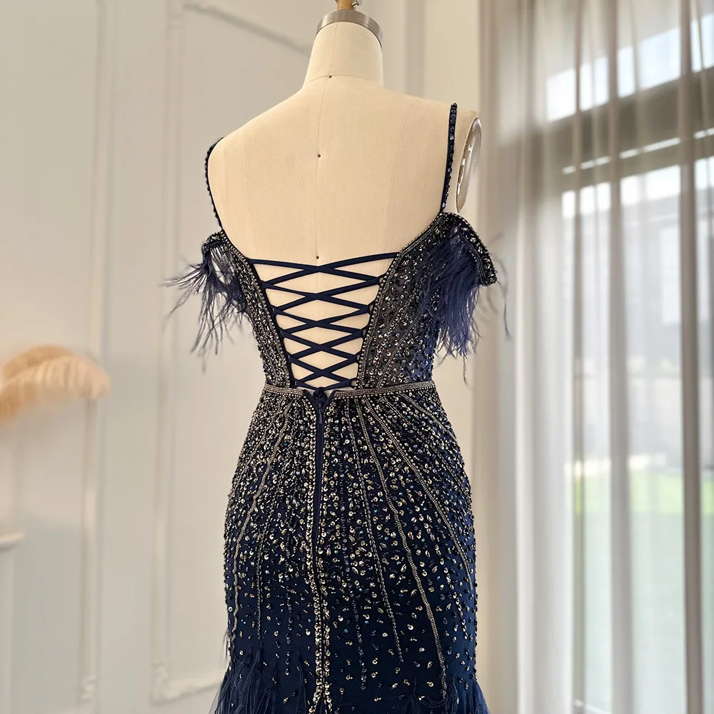 Sharon Said Luxury Feather White Nude Prom Evening Dress Mermaid Navy Blue Wedding Formal Party Gown SS121 Customized