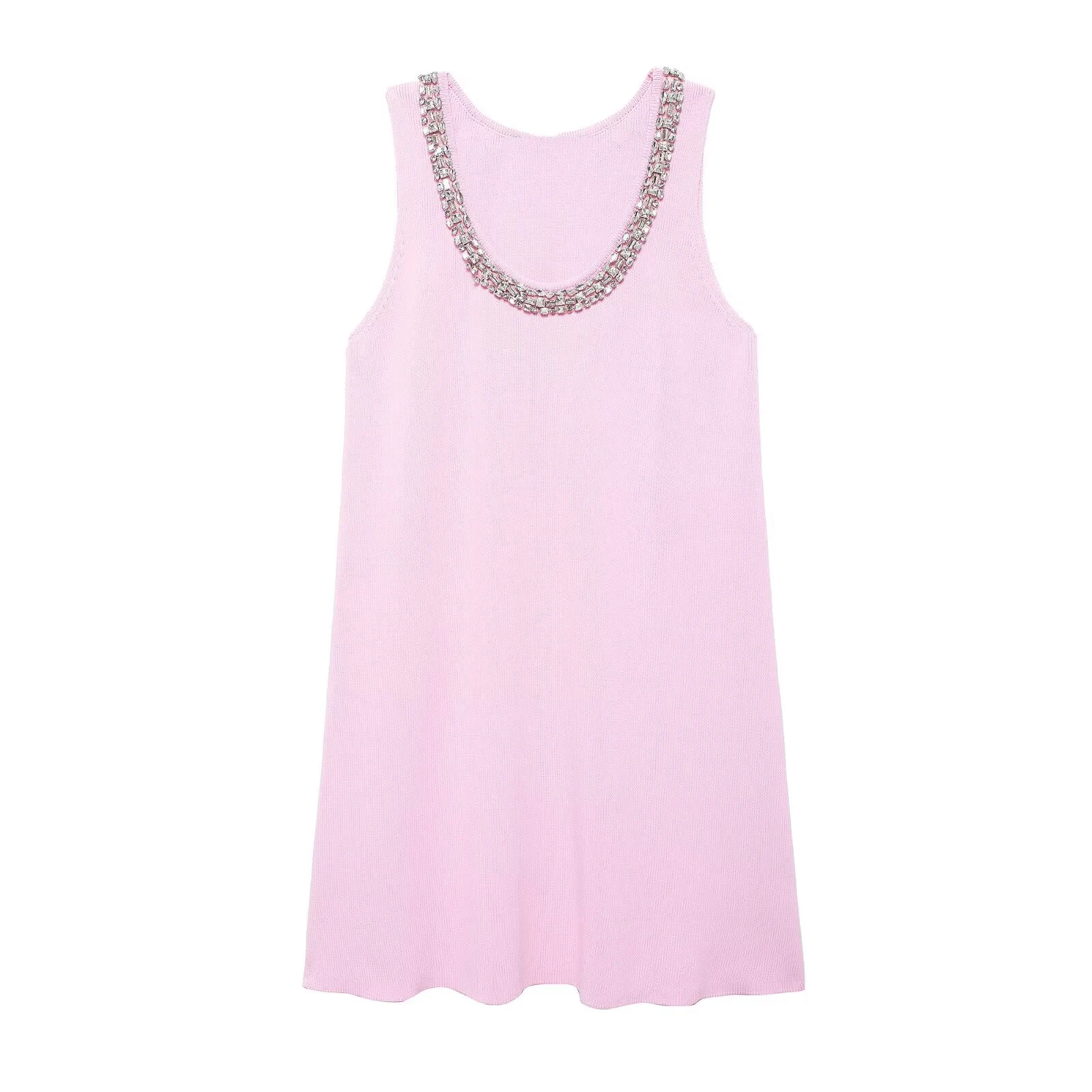 Tangada 2024 Women Pearl Pink Knitted Tank Dress Sleeveless Female Mini Dresses 3h0584