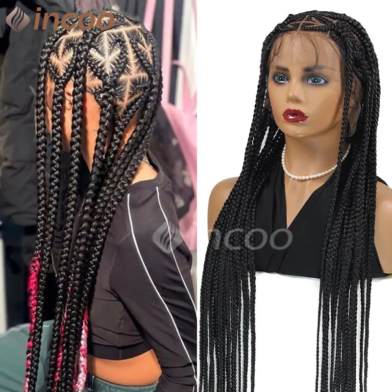 

36'' Jumbo Braided Wigs Synthetic Full Lace Front Wigs Knotless Cornrow Braids Wig Lace Front Wig Black Women Heart Braids Wig