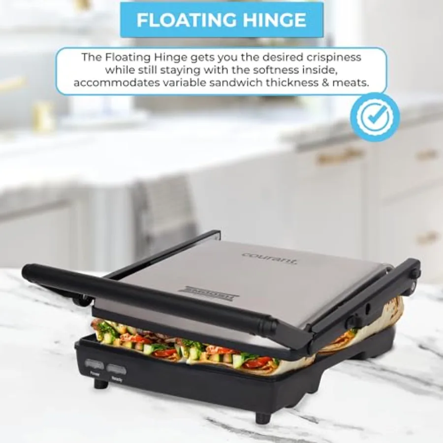 초슬림 디자인 파니니 프레스, 접이식 손잡이로 컴팩트한 보관 가능, 4인용 그릴, 논스틱 플레이트, 180도 개방형 테이블